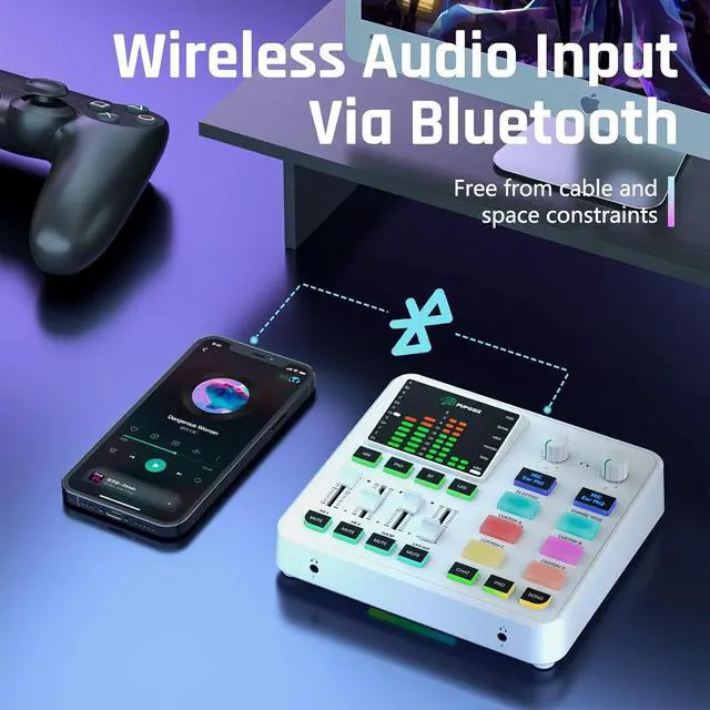 Alt view image 3 of 7 - PUPGSIS qwe Gaming Audio Mixer, Audio Interface for PC/Podcast/Streaming, Sound Board with 3.5mm/XLR Mic Input, 48V Phantom Power, Voice Changer, Live Sound Card with DJ Mixer Effects(White)