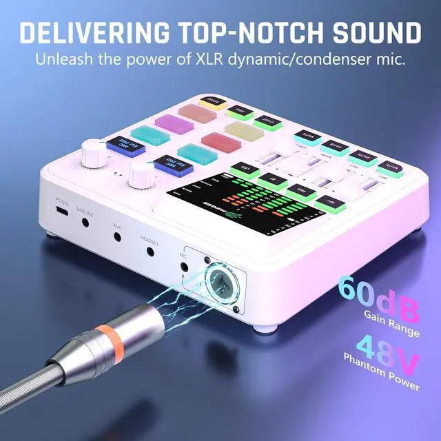 Alt view image 5 of 7 - PUPGSIS qwe Gaming Audio Mixer, Audio Interface for PC/Podcast/Streaming, Sound Board with 3.5mm/XLR Mic Input, 48V Phantom Power, Voice Changer, Live Sound Card with DJ Mixer Effects(White)