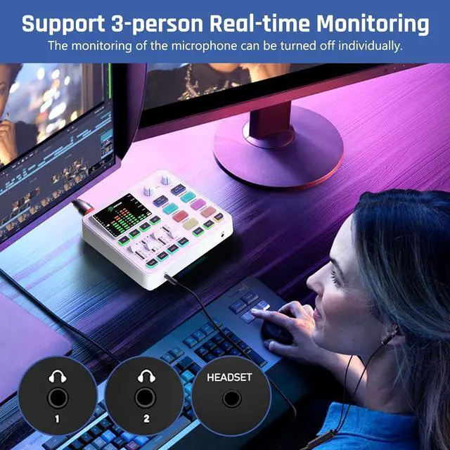 Alt view image 6 of 7 - PUPGSIS qwe Gaming Audio Mixer, Audio Interface for PC/Podcast/Streaming, Sound Board with 3.5mm/XLR Mic Input, 48V Phantom Power, Voice Changer, Live Sound Card with DJ Mixer Effects(White)