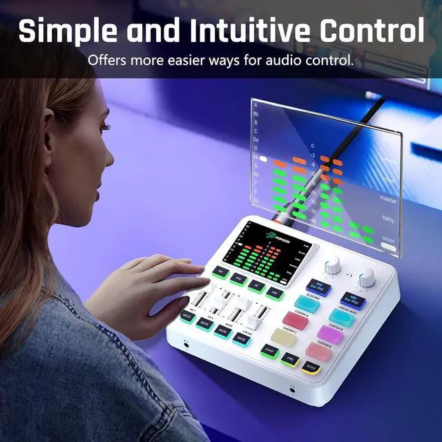 Alt view image 7 of 7 - PUPGSIS qwe Gaming Audio Mixer, Audio Interface for PC/Podcast/Streaming, Sound Board with 3.5mm/XLR Mic Input, 48V Phantom Power, Voice Changer, Live Sound Card with DJ Mixer Effects(White)