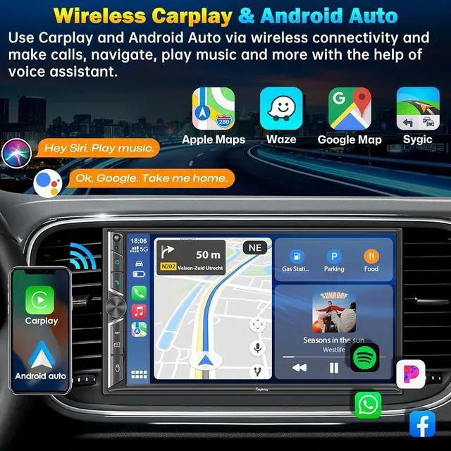 Alt view image 2 of 6 - 7-inch Double Din Car Stereo with Wireless CarPlay & Android Auto, HD Touchscreen, Backup Camera, Bluetooth 5.0, 4.2-Channel Audio, FM/AM Radio,Mirror Link