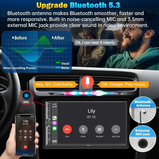 Alt view image 3 of 6 - 7-inch Double Din Car Stereo with Wireless CarPlay & Android Auto, HD Touchscreen, Backup Camera, Bluetooth 5.0, 4.2-Channel Audio, FM/AM Radio,Mirror Link