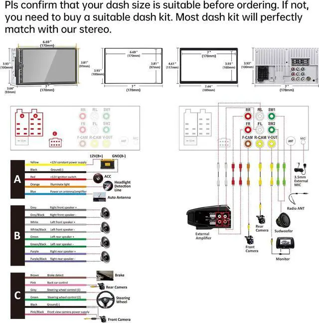 Alt view image 6 of 6 - 7-inch Double Din Car Stereo with Wireless CarPlay & Android Auto, HD Touchscreen, Backup Camera, Bluetooth 5.0, 4.2-Channel Audio, FM/AM Radio,Mirror Link