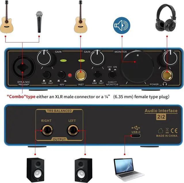Alt view image 2 of 7 - USB Audio Interface,  Xrl Audio Interfaces, for the Guitarist, Vocalist, Podcaster or Producer, 24-bit/192 kHz High-Fidelity, Studio Quality Recording, 2 In 2 Out Audio Interfaces for PC/Win/Mac