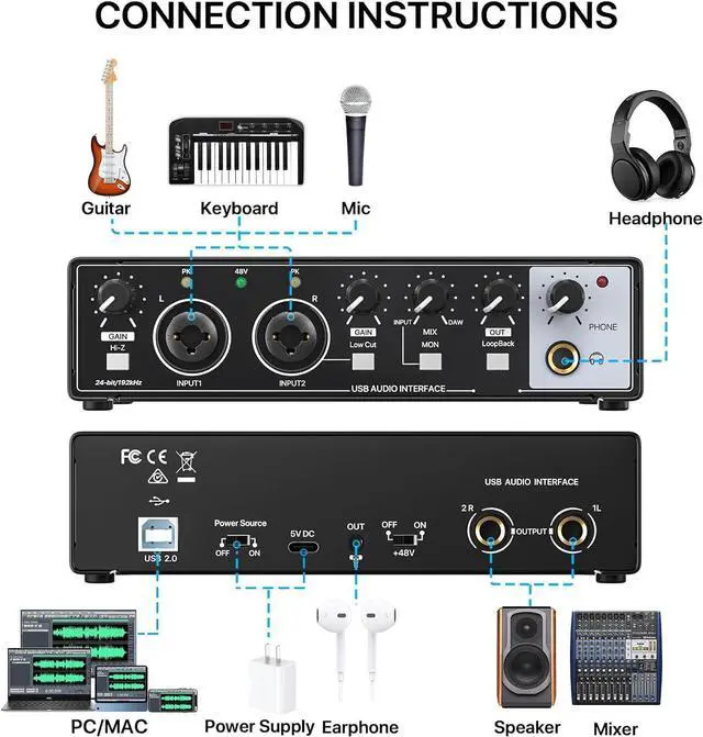 Alt view image 2 of 7 - 2i2 USB Audio Interface for PC Recording, 24-bit/192kHz Plug and Play USB Interface +48V Phantom Power for Music, Studio, Guitar, Podcast, Streaming No Software Included(Metallic Black)