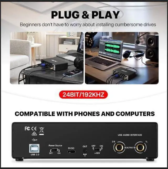 Alt view image 3 of 7 - 2i2 USB Audio Interface for PC Recording, 24-bit/192kHz Plug and Play USB Interface +48V Phantom Power for Music, Studio, Guitar, Podcast, Streaming No Software Included(Metallic Black)