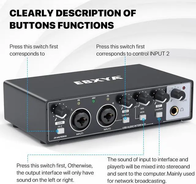 Alt view image 5 of 7 - 2i2 USB Audio Interface for PC Recording, 24-bit/192kHz Plug and Play USB Interface +48V Phantom Power for Music, Studio, Guitar, Podcast, Streaming No Software Included(Metallic Black)