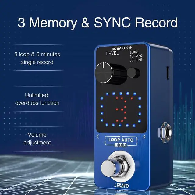 Alt view image 4 of 7 - Looper Pedal, Guitar Looper Pedal for Electric Guitar&Bass Loop Pedal with SYNC & Tuner Function Triple Effect Guitar Looper with LED Screen Unlimited Overdubs 3 Loops 18 Minutes Record Time