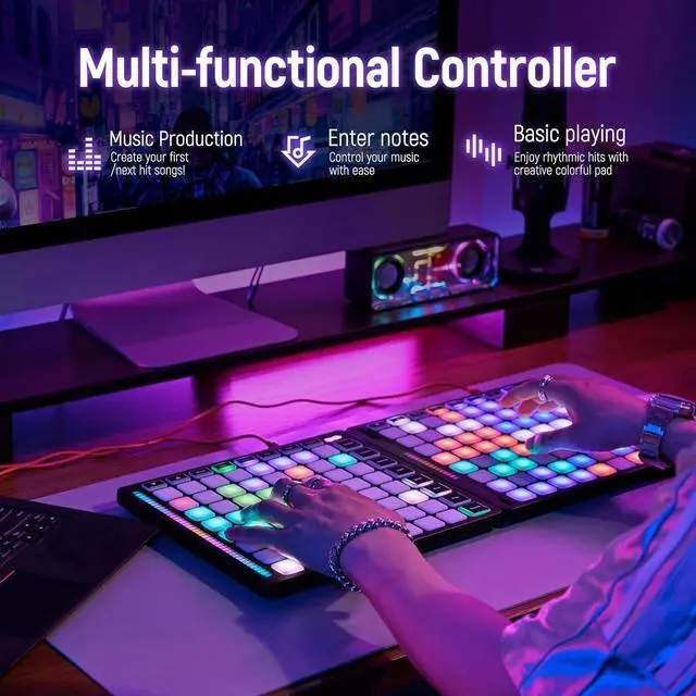 Alt view image 3 of 7 - MIDI Pad Beat Maker Machine with 64 Velocity Sensitive RGB Pads, Portable MIDI Controller 8 * 8 Backlit Beating Machine with Easy Mode for Music Production Beginners, TempoPAD Z-1