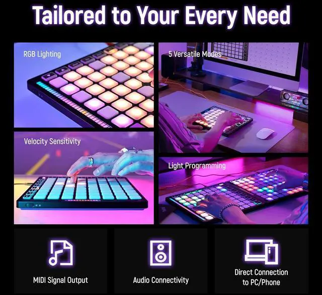 Alt view image 4 of 7 - MIDI Pad Beat Maker Machine with 64 Velocity Sensitive RGB Pads, Portable MIDI Controller 8 * 8 Backlit Beating Machine with Easy Mode for Music Production Beginners, TempoPAD Z-1