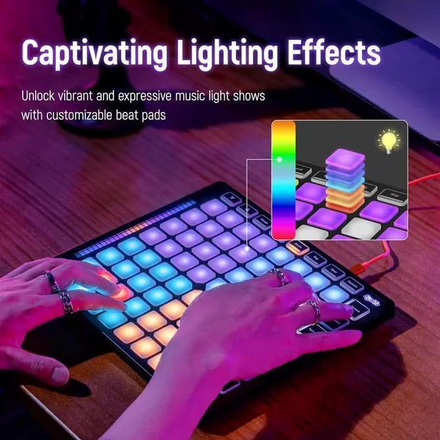 Alt view image 5 of 7 - MIDI Pad Beat Maker Machine with 64 Velocity Sensitive RGB Pads, Portable MIDI Controller 8 * 8 Backlit Beating Machine with Easy Mode for Music Production Beginners, TempoPAD Z-1