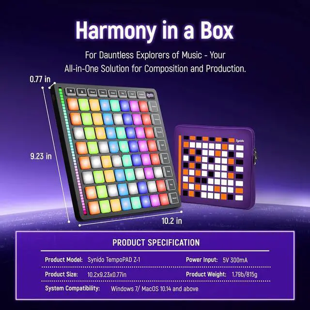 Alt view image 7 of 7 - MIDI Pad Beat Maker Machine with 64 Velocity Sensitive RGB Pads, Portable MIDI Controller 8 * 8 Backlit Beating Machine with Easy Mode for Music Production Beginners, TempoPAD Z-1