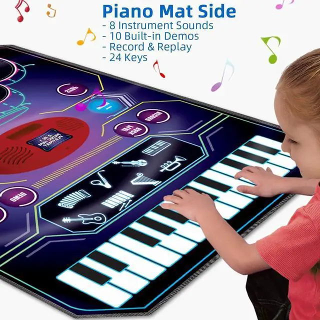 Alt view image 3 of 7 - 2 in 1 Kids Music Learning Toys for Boys Girls, Drum Set + Piano Mat | Record & Playback, Built-in Songs, 8 Instrument Sounds, 24 Keys, Christmas Birthday Gifts for Toddler 3 4 5 6 7 8 Years