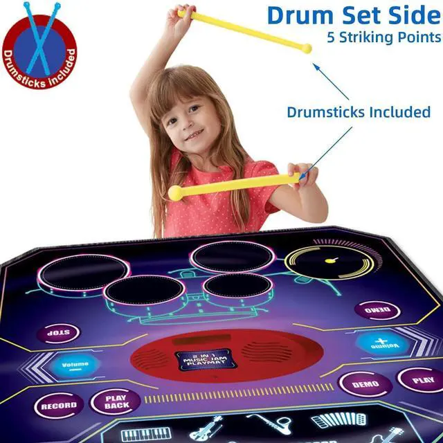 Alt view image 4 of 7 - 2 in 1 Kids Music Learning Toys for Boys Girls, Drum Set + Piano Mat | Record & Playback, Built-in Songs, 8 Instrument Sounds, 24 Keys, Christmas Birthday Gifts for Toddler 3 4 5 6 7 8 Years