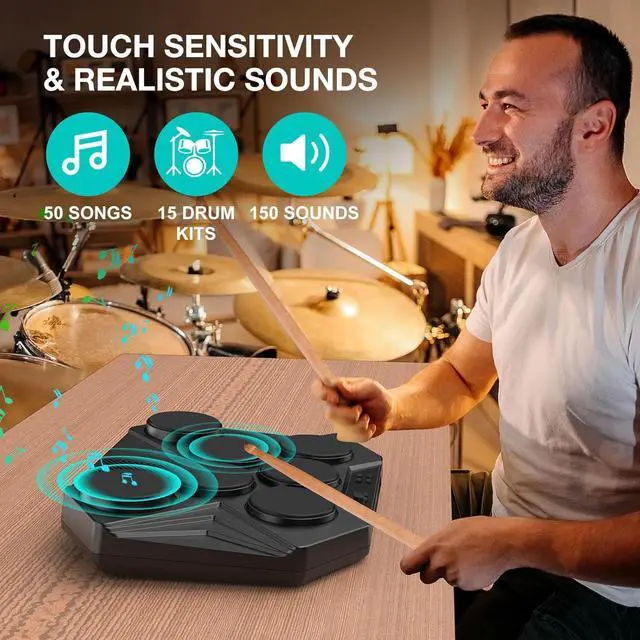 Alt view image 2 of 6 - Electronic Tabletop Drum Set, Portable Digital Drum Kit 7 Velocity Sensitivity Drum Pads, LED Music Level Light, USB-MIDI Mac & PC Support, Ideal Gift for Adult and Beginners