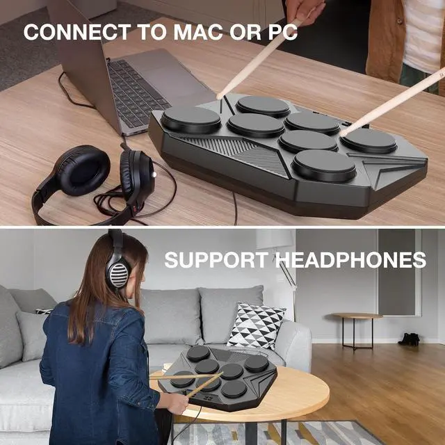 Alt view image 5 of 6 - Electronic Tabletop Drum Set, Portable Digital Drum Kit 7 Velocity Sensitivity Drum Pads, LED Music Level Light, USB-MIDI Mac & PC Support, Ideal Gift for Adult and Beginners