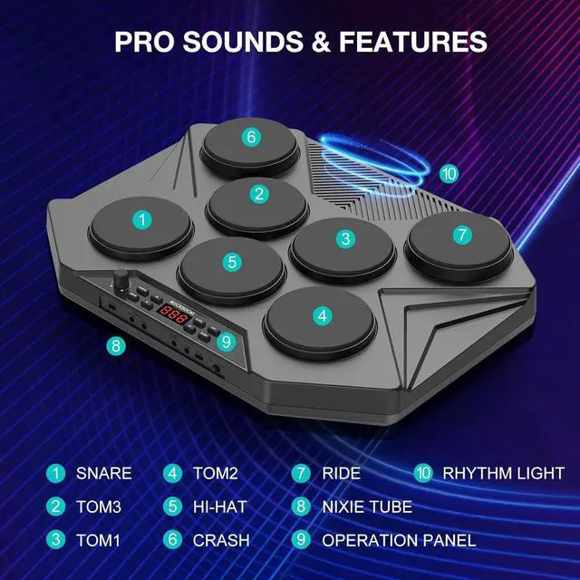 Alt view image 4 of 6 - Electronic Tabletop Drum Set, Portable Digital Drum Kit 7 Velocity Sensitivity Drum Pads, LED Music Level Light, USB-MIDI Mac & PC Support, Ideal Gift for Adult and Beginners