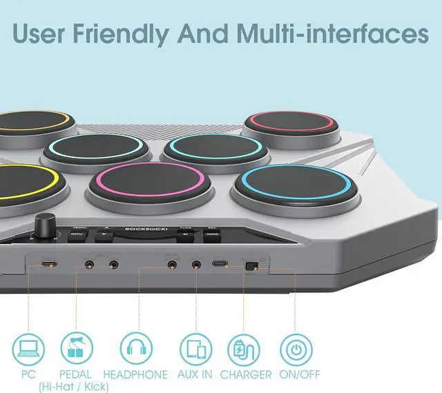 Alt view image 6 of 6 - Electronic Tabletop Drum Set, Portable Digital Drum Kit 7 Velocity Sensitivity Drum Pads, LED Music Level Light, USB-MIDI Mac & PC Support, Ideal Gift for Adult and Beginners