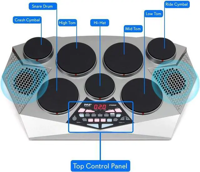 Alt view image 3 of 7 - Pro Electronic Drum kit - Portable Electric Tabletop Drum Set Machine with Digital Panel, 7 Drum Pad, Hi-Hat / Kick Bass Pedal Controller USB AUX -Tom Toms, Hi-Hat, Snare Drums, Cymbals - PTED06
