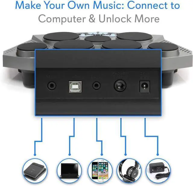 Alt view image 5 of 7 - Pro Electronic Drum kit - Portable Electric Tabletop Drum Set Machine with Digital Panel, 7 Drum Pad, Hi-Hat / Kick Bass Pedal Controller USB AUX -Tom Toms, Hi-Hat, Snare Drums, Cymbals - PTED06