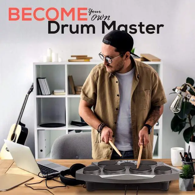 Alt view image 7 of 7 - Pro Electronic Drum kit - Portable Electric Tabletop Drum Set Machine with Digital Panel, 7 Drum Pad, Hi-Hat / Kick Bass Pedal Controller USB AUX -Tom Toms, Hi-Hat, Snare Drums, Cymbals - PTED06