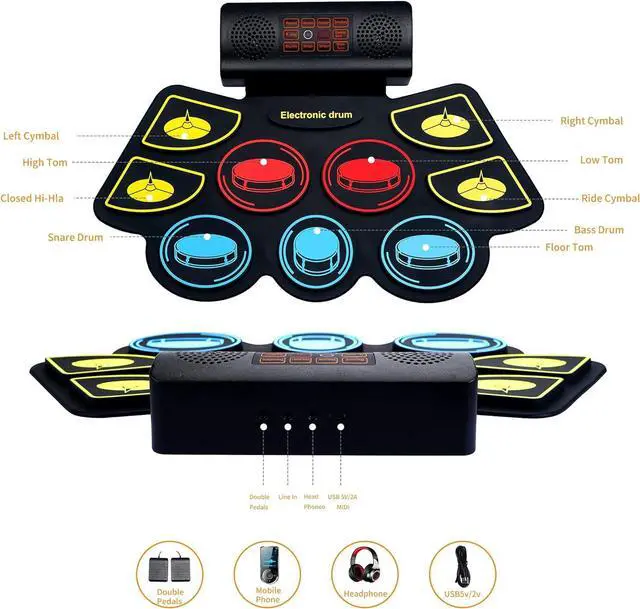 Alt view image 2 of 7 - (9 Pads) Electronic Drum Set with Light Up Drumsticks and Stand, Electronic Drum Pad with 5 Different Drum Kit, 10 Unique Rhythms, Bulit-in Double Sers, Roll Up Drum Kit, Kids Drum Set