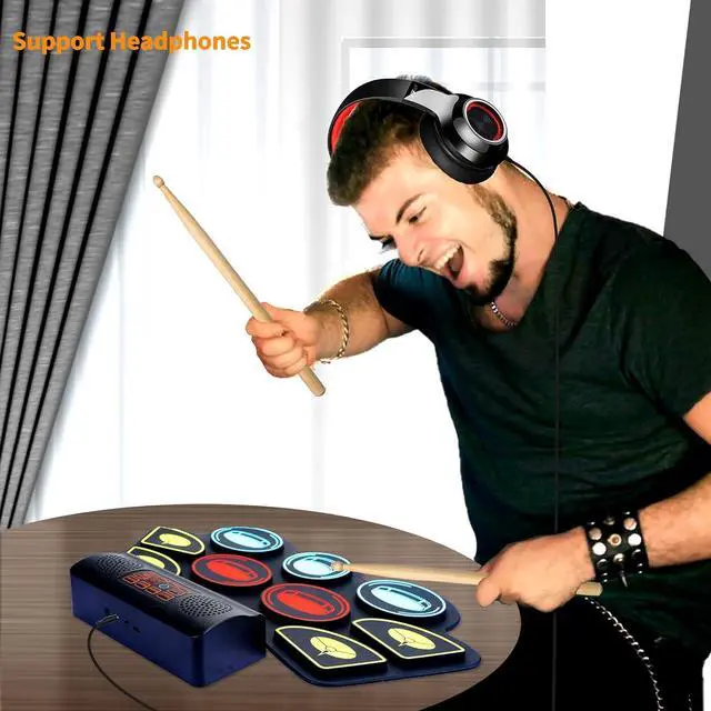 Alt view image 5 of 7 - (9 Pads) Electronic Drum Set with Light Up Drumsticks and Stand, Electronic Drum Pad with 5 Different Drum Kit, 10 Unique Rhythms, Bulit-in Double Sers, Roll Up Drum Kit, Kids Drum Set
