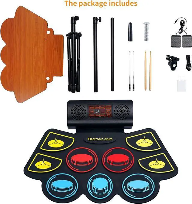 Alt view image 6 of 7 - (9 Pads) Electronic Drum Set with Light Up Drumsticks and Stand, Electronic Drum Pad with 5 Different Drum Kit, 10 Unique Rhythms, Bulit-in Double Sers, Roll Up Drum Kit, Kids Drum Set