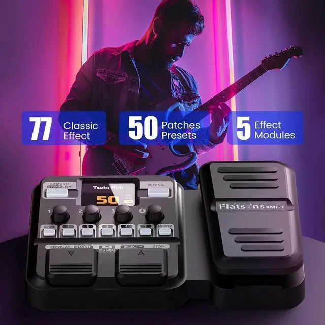Alt view image 4 of 7 - KMF-1 Guitar Pedal, 77 Effects Guitar Multi Effects Pedal with 50 Preset, 42 Drum Rhythm, 18 Amp/Cab, Upgraded Color Screen, Aux In, Guitar Tuner Looper Expression Wah Volume Distortion Pedal