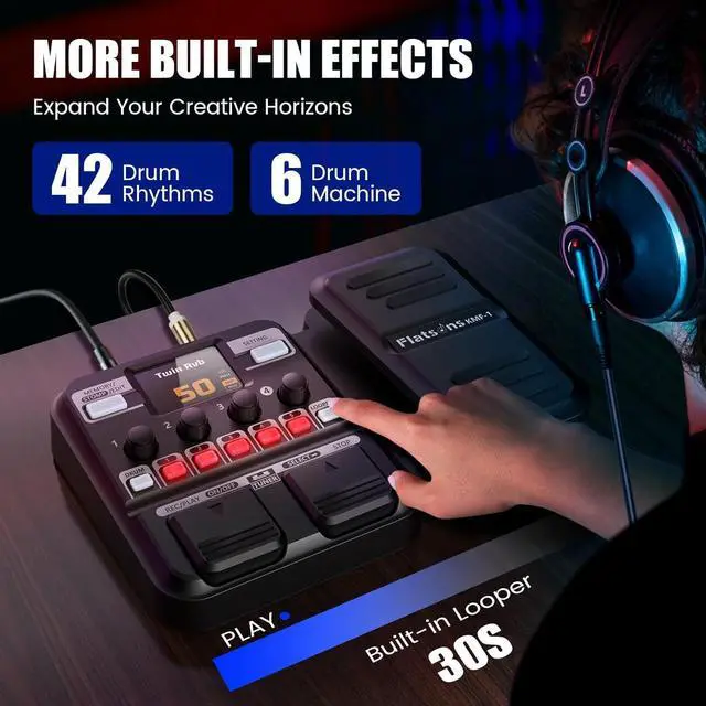 Alt view image 5 of 7 - KMF-1 Guitar Pedal, 77 Effects Guitar Multi Effects Pedal with 50 Preset, 42 Drum Rhythm, 18 Amp/Cab, Upgraded Color Screen, Aux In, Guitar Tuner Looper Expression Wah Volume Distortion Pedal