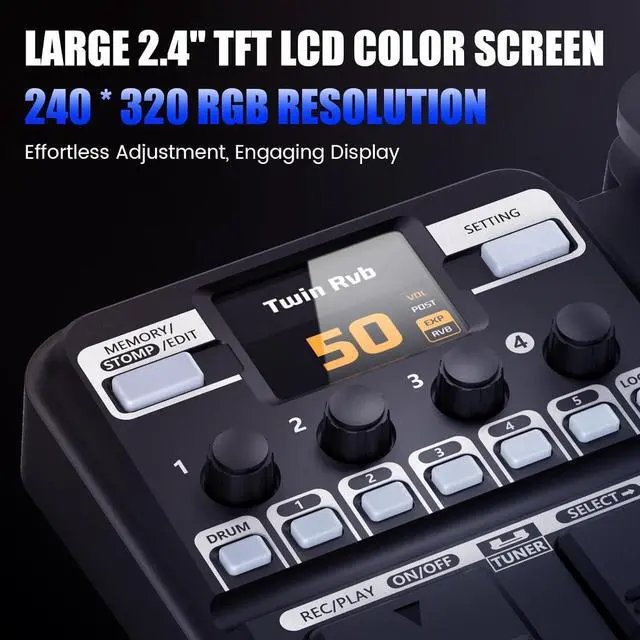 Alt view image 7 of 7 - KMF-1 Guitar Pedal, 77 Effects Guitar Multi Effects Pedal with 50 Preset, 42 Drum Rhythm, 18 Amp/Cab, Upgraded Color Screen, Aux In, Guitar Tuner Looper Expression Wah Volume Distortion Pedal