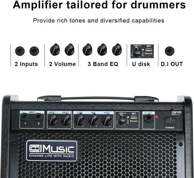 Alt view image 6 of 7 - Electric Drum AMP 100-Watt Electronic Drum Amplifier DM100 Keyboard Ser with Wireless Audio Connection, with 3-Band EQ and DI Out Black