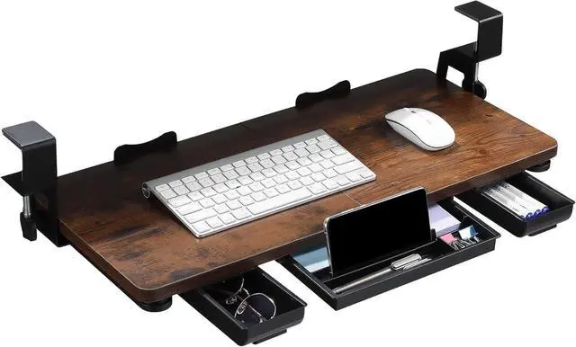 Main image of Keyboard Tray Under Desk with Drawer,26.77" X 11.81"Large Size Keyboard Tray with C Clamp-on Mount, Easy to Install, for Home Office (Mahogany)