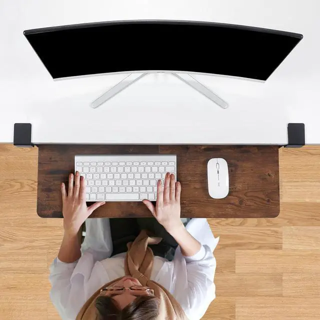 Alt view image 2 of 7 - Keyboard Tray Under Desk with Drawer,26.77" X 11.81"Large Size Keyboard Tray with C Clamp-on Mount, Easy to Install, for Home Office (Mahogany)