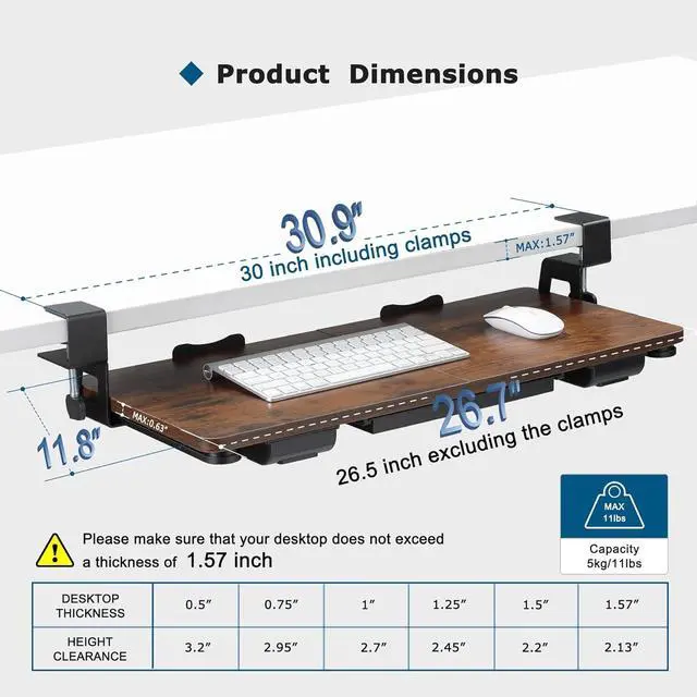 Alt view image 3 of 7 - Keyboard Tray Under Desk with Drawer,26.77" X 11.81"Large Size Keyboard Tray with C Clamp-on Mount, Easy to Install, for Home Office (Mahogany)