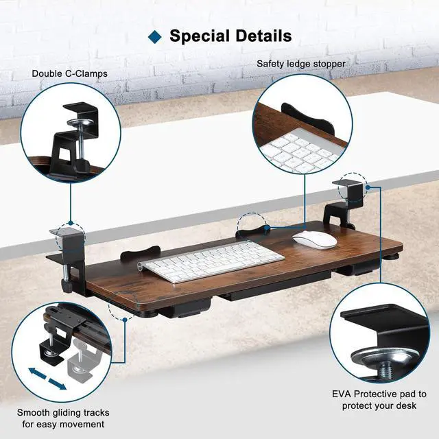 Alt view image 6 of 7 - Keyboard Tray Under Desk with Drawer,26.77" X 11.81"Large Size Keyboard Tray with C Clamp-on Mount, Easy to Install, for Home Office (Mahogany)