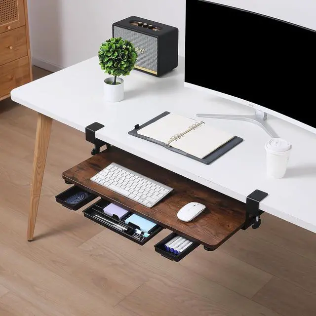 Alt view image 7 of 7 - Keyboard Tray Under Desk with Drawer,26.77" X 11.81"Large Size Keyboard Tray with C Clamp-on Mount, Easy to Install, for Home Office (Mahogany)