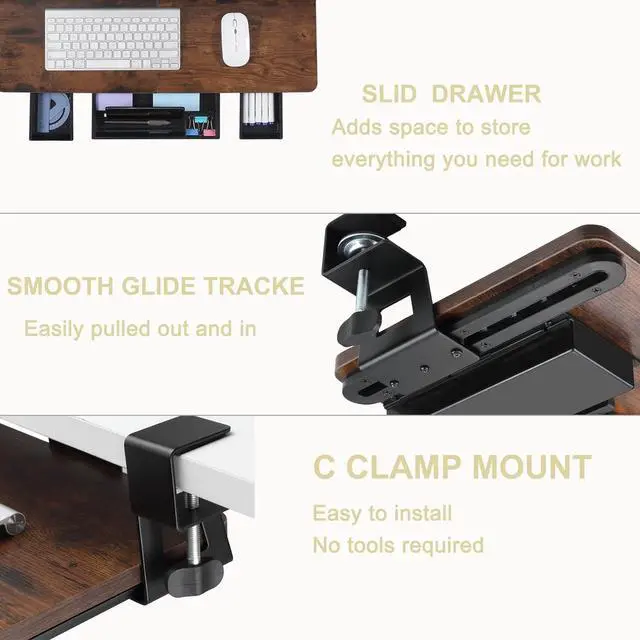 Alt view image 5 of 7 - Keyboard Tray Under Desk with Drawer,26.77" X 11.81"Large Size Keyboard Tray with C Clamp-on Mount, Easy to Install, for Home Office (Mahogany)