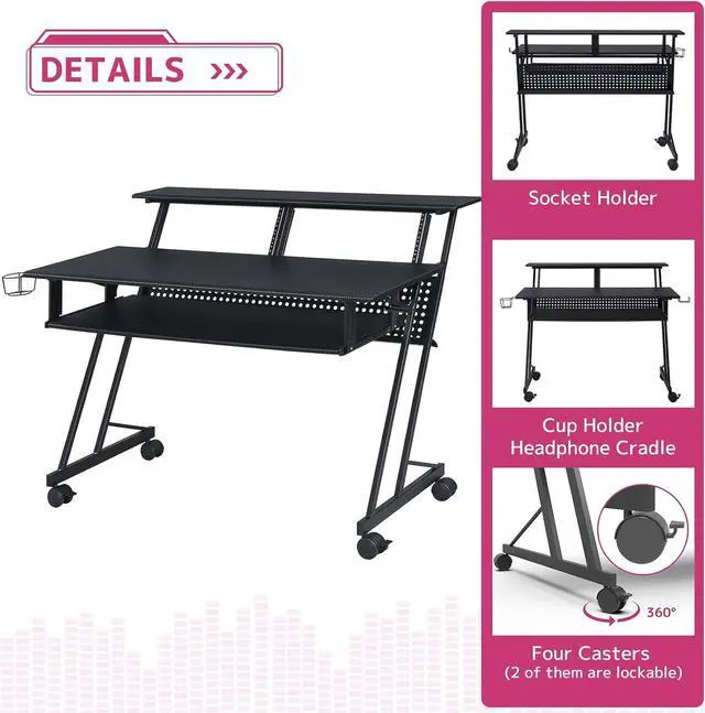 Alt view image 3 of 6 - A Suitor Wooden Top Music Recording Studio Desk with Keyboard Tray in Black