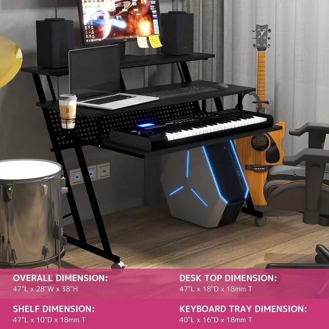 Alt view image 4 of 6 - A Suitor Wooden Top Music Recording Studio Desk with Keyboard Tray in Black