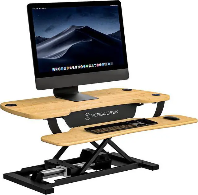 Main image of Electric Standing Desk Converter, 36 Inch PowerPro Height Adjustable Sit Stand Desktop Riser with Keyboard Tray, Built-in USB Charging Port, Holds 80 lbs, Push-Button Switch, Maple