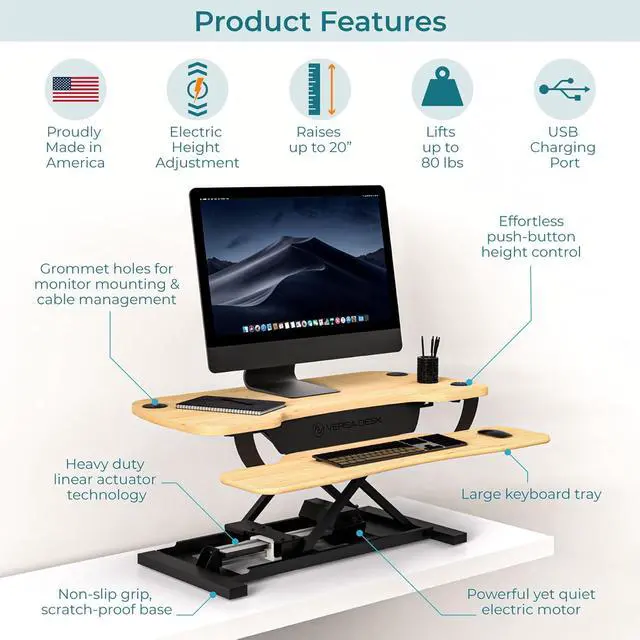 Alt view image 2 of 7 - Electric Standing Desk Converter, 36 Inch PowerPro Height Adjustable Sit Stand Desktop Riser with Keyboard Tray, Built-in USB Charging Port, Holds 80 lbs, Push-Button Switch, Maple