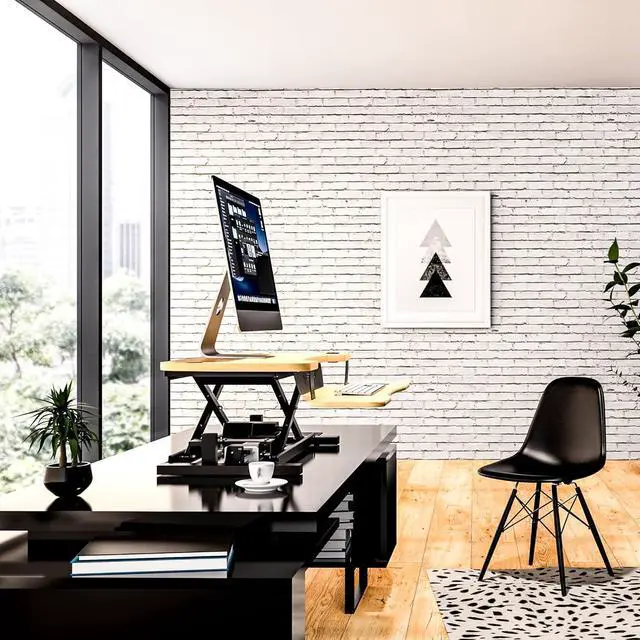Alt view image 3 of 7 - Electric Standing Desk Converter, 36 Inch PowerPro Height Adjustable Sit Stand Desktop Riser with Keyboard Tray, Built-in USB Charging Port, Holds 80 lbs, Push-Button Switch, Maple