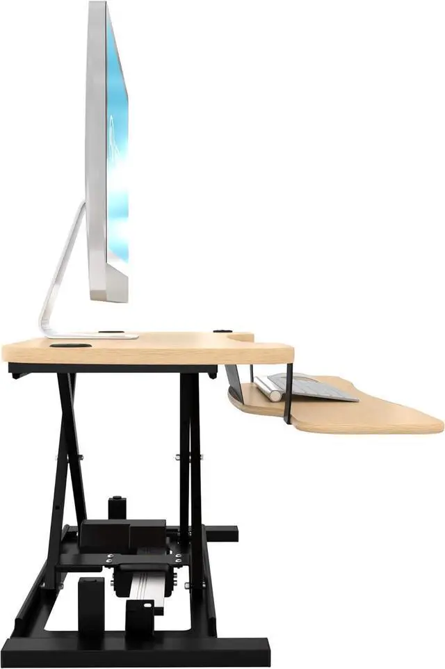 Alt view image 6 of 7 - Electric Standing Desk Converter, 36 Inch PowerPro Height Adjustable Sit Stand Desktop Riser with Keyboard Tray, Built-in USB Charging Port, Holds 80 lbs, Push-Button Switch, Maple