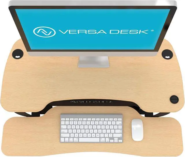 Alt view image 7 of 7 - Electric Standing Desk Converter, 36 Inch PowerPro Height Adjustable Sit Stand Desktop Riser with Keyboard Tray, Built-in USB Charging Port, Holds 80 lbs, Push-Button Switch, Maple