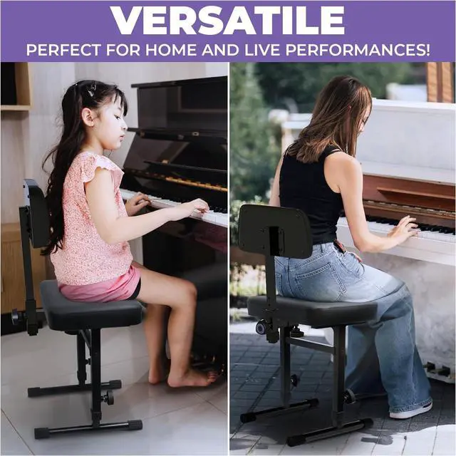Alt view image 6 of 6 - Piano Bench Adjustable Stool  Music Keyboard Bench with Backrest Seat for Piano Keyboard Stand with Black Padded Cushion for Musicians Piano Stool Chair
