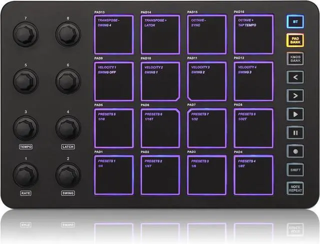 Main image of Wireless MIDI Controller Pads, Bluetooth Portable USB MIDI Controller with 16 MPC Drum Pads, 8 Assignable Knobs, Note Repeat, Full Level Buttons, Rechargeable battery (Black Pad)