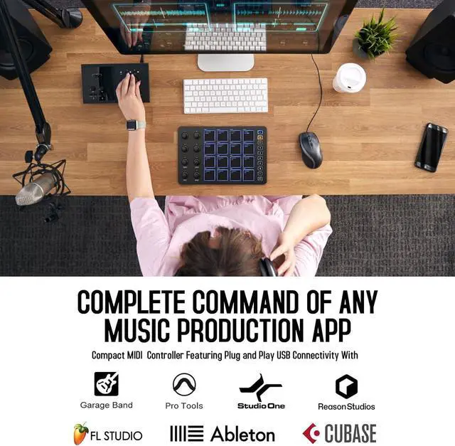 Alt view image 2 of 6 - Wireless MIDI Controller Pads, Bluetooth Portable USB MIDI Controller with 16 MPC Drum Pads, 8 Assignable Knobs, Note Repeat, Full Level Buttons, Rechargeable battery (Black Pad)
