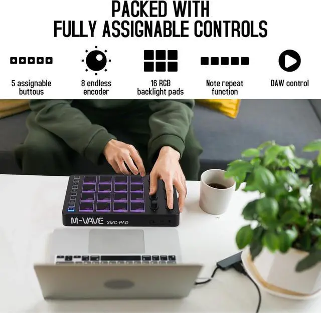 Alt view image 3 of 6 - Wireless MIDI Controller Pads, Bluetooth Portable USB MIDI Controller with 16 MPC Drum Pads, 8 Assignable Knobs, Note Repeat, Full Level Buttons, Rechargeable battery (Black Pad)