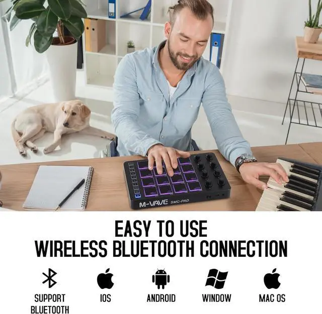 Alt view image 4 of 6 - Wireless MIDI Controller Pads, Bluetooth Portable USB MIDI Controller with 16 MPC Drum Pads, 8 Assignable Knobs, Note Repeat, Full Level Buttons, Rechargeable battery (Black Pad)
